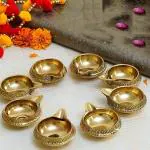 Denique Brass Kuber Diya Engraved Design Diyas Deepak Diya Oil Lamp for Pooja Pack of 8