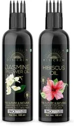 Desi Crew 100 Percent Pure Jasmine Flower and Hibiscus Oil with Comb Applicator Cold Pressed for Skin, Body and Hair Care 100 ml Each