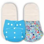 Deedry Oeko-Tex Certified Unisex Baby Cloth Diapers Washable & Reusable Diapers with Adjustable Snap Buttons 3 Months- 3 Years 1 Blue Solid & 1 Print Diaper+ 2 Inserts/Pads