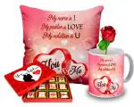 Midiron Romantic Gift for Husband/Boyfriend|| Birthday gift for Wife, Husband, Girlfriend |Valentine's Day Gift for Wife/Girlfriend| ( Chocolate, Artificial Rose, Mug, Cushion)