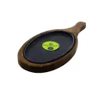 TRILONIUM Cast Iron Sizzler Plate with Wooden Base | Long Handle | Oval