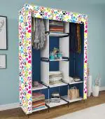 Eco Shopee Collapsible Wardrobe Portable Cloth Rack Storage Organizer Shelves Non Woven Fabric and PP Plastic Storage Unit for Clothes Printed Almirah (Self Assemble) 3000-1 Dog Blue