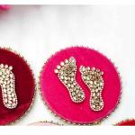 Playful Stitches Maa Laxmi Charan | Lakshmi for Prosperity and Wealth | Lakshmi Paduka For Diwali | Diwali Gifts | Diwali temple decor | Devi Charan for Mandir,Temple, Pooja item- 1 Pcs (Light Pink) - 1 pcs (Red)