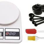 Inditradition Popular Combo - Electronic Digital Kitchen Weighing Scale 10kg, 8 Piece Measuring Cup & Spoon Set, Silicone Brush & Spatula Set, White