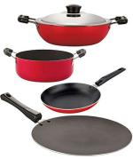 Nirlon 4 pcs of Red and Black 3 Layer Non-stick Aluminium Coated Kitchenware Cooking Utensils Set, Standard
