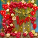 PARTY GLITERS Happy Birthday decoration combo, complete birthday balloon combo kit includes- Happy birthday banner, 30 balloons, RED Heart Foil balloons and Gold confetti balloon., Love foil balloon, Glue Dot, Arch best decoration set Red Love Theme.