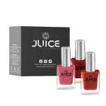 JUICE One Coat Nail Polish, Combo Pack of 3, Red and Orange Collection, High Gloss, Chip Resistant, Quick Dry, Gel Effect, Shades Coral Sunset 292 Golden Orange 249 Firey Red 208 GLOSS COMBO 24, 11ml each