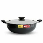 Black Magnum Basics IBKHWL-4, 5.2 Litre Deep Fry Pan, Hard Anodised Deep Kadai with Lid, Flat Bottom Kadhai, Black