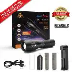 amiciVision Metal LED Flashlight, XML T6 CREE LED Water Resistant Zoomable Torch with 5 Lighting Modes for Camping, Hiking with 2x18650 Battery and Battery Charger, 250 Lumen