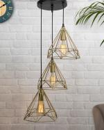 Homesake Round 3 Lights Cluster Chandelier Diamond Hanging Pendant Light With Braided Cord, (Golden)