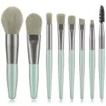 LUXURY BEAUTY 8 Pcs Mini Travel Portable Soft Makeup Brushes Set Eye Shadow Foundation Powder Eyelash Lip Concealer Blush Make Up Brush Set (Green with bag)