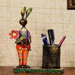 DazzCraft Iron Hand-painted Multicolour Antique Rabbit Pen Stand, Antique Showpiece, Decorative Showpiece, Figurine, Pen Stand for Home, Office, Study Table Decoration, Gift Items, Home Decoration & Showcase Items (7x4x10) Inch