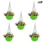 Go Hooked Green Round Rattan Plastic Hanging Flower Pots for Garden (Pack of 5)