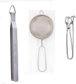 Gresspor Silver Steel Tea Coffee Liquid Strainer, Chimta And Pakkad Kitchen Tools (Pack Of 3)