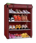 FLIPZON Multipurpose 4-Tiers Shoe Rack with Dustproof Zip Cover, Multiuse Wide Space Storage Rack made by Non Woven Fabric for footwear, Toys, clothes (4 Shelves) (Maroon)