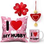 Indigifts Valentines Day Gifts - I Love My Hubby Quote Seamless Heart Pattern Cushion Cover With Filler, Mug And Heart Hanging Valentine Gifts For Boyfriend-Husband 4 Pc