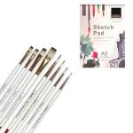 KAMAL Acid Free Flat Round Paint Brush and A3 Sketch Pad