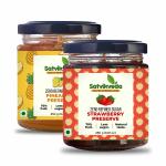 Satvikveda Strawberry Preserve 250 gm + Pineapple Preserve 250 gm | Combo of 2 | 70% Fresh Fruits - Low Sugar Jam | No Added Colours, Flavours, Thickeners, Emulsifiers | Handmade with Unrefined Desi Khandsari