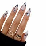 Secret Lives Premium Press on Nails Fake False Reusable Artifical Nail Extension Almond Shape with Blue and White Geomatric Lines 24 PCS Set with Kit