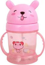Mom's Pride Pink Plastic Baby Opaque Soft Straw Sipper White Anti Spill Sippy Cup With Adjustable Strap - 300 Ml