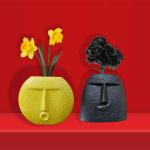 Malaikah Face 6 Inches Vase Black Square, Yellow Round, For Home Decor Ceramic Vase (6 inch, Yellow, Black)