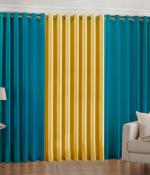 Indian Online Mall Polyester Aqua Blue, Yellow Plain Window Curtain Set - 5 Feet X 4 Feet (Set Of 3)