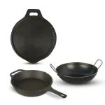 The Indus Valley Pre-Seasoned Cast Iron Cookware Set | Fry Pan (25.4 cm) + Tawa (27.6 cm) + Iron Kadai (24.5 cm) | Pack of 3 | Pre-Seasoned Cookware, 100% Pure & Toxin-Free, No Chemical Coating