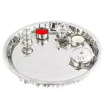 IDEAL PRIME Elegant Heavu Guage Stainless Steel 7 in 1 Pooja Thali with Sindhur Dani/Kapoor Dani/Diya/Agarbatti Stand/2 Karori with Decorative Chain Rust Proof Traditional Puja Thali Pack of 1