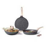 Carote Granite Nonstick Induction Cookware Set (3 Pcs, 24cm Frying pan, 28cm tawa, 28cm Kadhai&Lid)