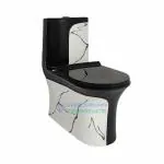 Vardhman Ceramics Designer Siphonic Flushing One Piece Western Commode Toilet Water Closet EWC Floor Mounted S Trap 225mm / 9 Inch Black and White Marble Print Glossy Finish - Svelta-16