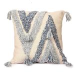 Nomaadi Blue and Cream Cotton Sailor Tufted Boho Style Soft Cushion Cover with Tassels, 20 x 20 inch - 1213