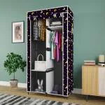 HUENISH Printed Collapsible Wardrobe Portable Foldable closet for Clothes Almira , 2 Hanging Space , 4 Shelves , 1 Side Pocket Non-Woven Fabric 100 GSM