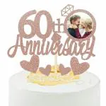 Zyozique Rose Gold Glitter 60th Anniversary Cake Topper with Diamond Ring Heart Cake Decorations Set