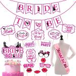 Zyozique Bachelorette Party Kit | Bride To Be Sash | Banner | Photo Booth Props | Cake Topper | Bride To Be Gift | Engagement Party (Pack Of 18) Pink
