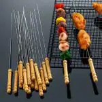 MyHomesWorld Barbecue Sticks Skewers with Wooden Handle Very Thick and Strong Rods Stainless Steelfor BBQ Tandoor/Tikka/Kabab, Stainless Steel Stick with Wooden Handle - Pack of 12
