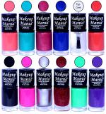 Makeup Mania HD Color Nail Polish Set of 12 Pcs (Combo MM-134) Carrot Pink, Turqoise, Blue, Top Coat, Orange, Black, Pink, Silver, Red Glitter, Sea Green, Purple (Pack of 12)