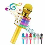 Mousiki Portable Recording USB Wireless Karaoke Microphone Mini Speaker Headphone Dynamic Mike Kids KTV Mic (Gold)