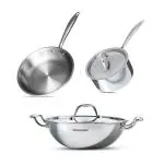 BERGNER Argent Triply Silver Stainless Steel Kadai 20 cm, Fry Pan 20 cm and Sauce Pan 14 cm with Lids (pack of 3)