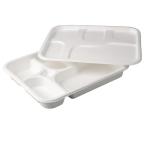 Vert-On White Sugarcane Bagasse 5 Compartments Compostable Meal Tray Natural Thali (Pack Of 100)