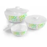 Cello Opalware Green Orchard Mixing Bowls with Lid (500ml, 1000ml, 1500ml), 3 PC, White