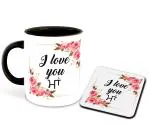 Whats Your Kick I Love You Mom in Punjabi Language Design Printed Black Ceramic Coffee Mug with Coaster and Tea Mug 325ml