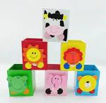 GOLD LEAF Square Shape Multi Color Wooden Pen Stand With Animals Face Design Wooden Clips(Pack Of 6Pcs)