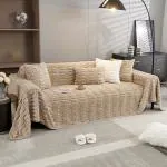 HOKIPO Luxury Waxy Faux Rabbit Plush Sofa Throw, Fluffy Sofa Cover for 2 Seater Sofa, 180(D) x 250(L) cm, Beige (AR-5080-BGE)
