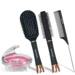 Majestique 4 Pcs Hair Brush Set - Paddle, Roller Brush, Scalp Shampoo Massager with Tail Comb for Blow Drying - Exclusive Crown Handle, Add Volume Short Hair Style, Works Great with Wax
