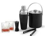 King International Stainless Steel Black Bar Set Of 6 Pieces-1 Ice Bucket,1 Tong,1 Peg Measure,1 Cocktail Shaker,2 Whisky Glasses 250ML