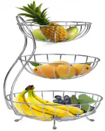 ROTTO Stainless Steel 3-Tier Fruit & Vegetable Basket for Dining Table/Kitchen - Countertop (Chrome)