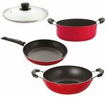 Nirlon 4 pcs of Red 3 Layer Non-stick Aluminium Coated Dishwasher Safe Kitchenware Essential Combo Set