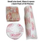Kanta Disposable Combo Set 200 ml Glass, 4.5 Inch Bowl with 6 Inch Wooden Spoon (Each Pack of 50)