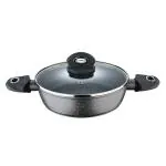 BERGNER Orion Marble Non Stick Shallow Kadai / Kadhai with Glass Lid 24 cm, Induction Base, Thickness 3mm, Grey