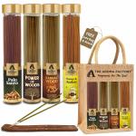 The Aroma Factory Organic Incense Sticks Palo Santo, Power of Woods, Sandalwood & Honey & Amber (Herbal Agarbatti for Pooja) 0% Charcoal, 0% Sulphur, 4 x 100g Bottle with Jute Bag